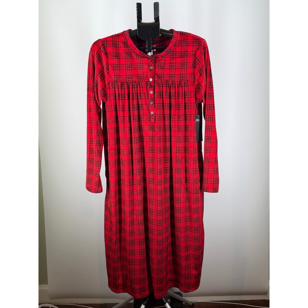 Aria Collection Red Black Plaid Long Sleeve Nightgown Sleepwear L